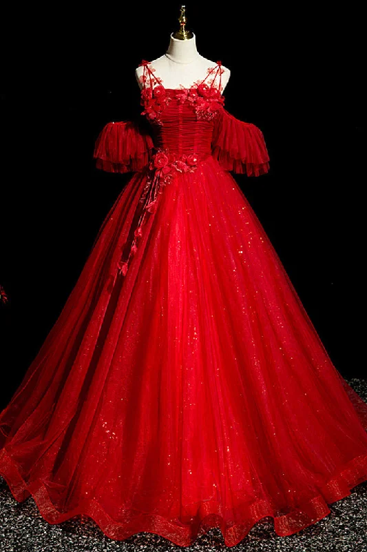 Red Tulle Ball Gown Off Shoulder Sweet 16 Formal Dresses, Red Evening Gown Party Dresses Tunics Sale discount