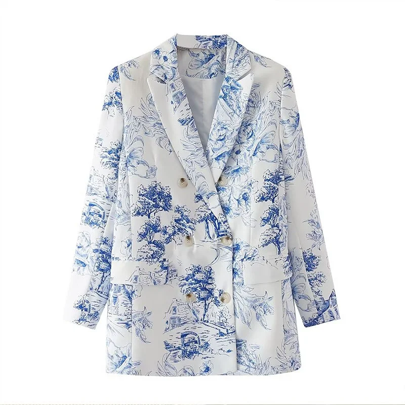 ZATRHMBM Chic Print Double Breasted Blazer Vintage Long Sleeve Suit Jacket Office Casual Ladies Outerwear Stylish Tops Embroidered Jacket Appliqued Jacket Beaded Jacket