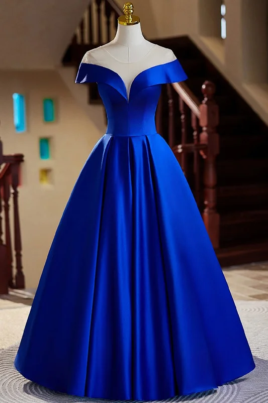 Blue Satin Floor Length Prom Dresses, Elegant A-Line Evening Party Dresses Tunics Fleece cozy
