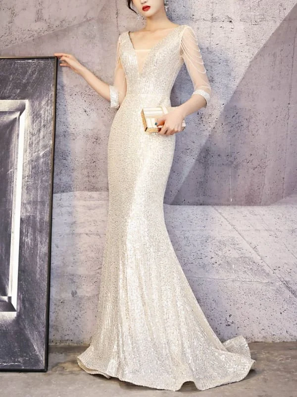 Champagne Evening Dress Mermaid V-Neck Sequined With Train Sequins Formal Party Dresses Tunics Plaid country