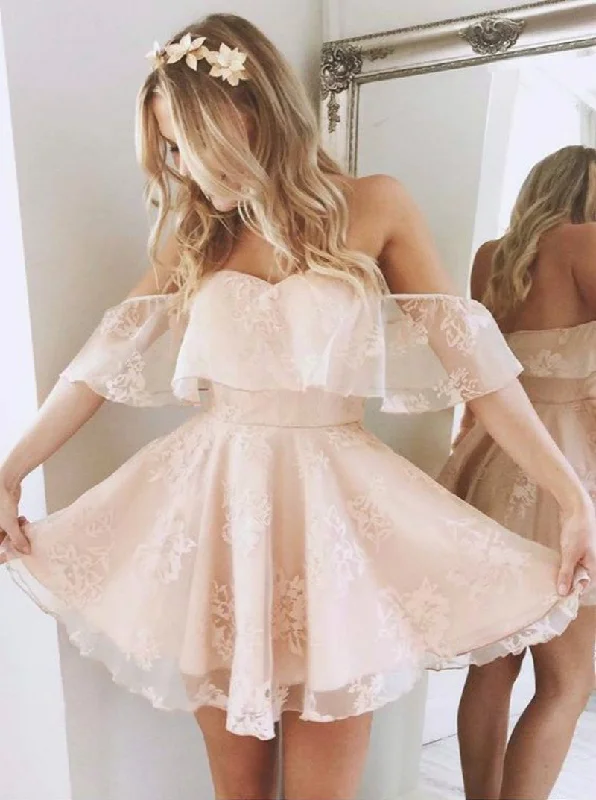 A-Line Off-the-Shoulder Short Pearl Pink Lace Homecoming Dress,Party Dress,Evening Dress Tunics Stylish modern
