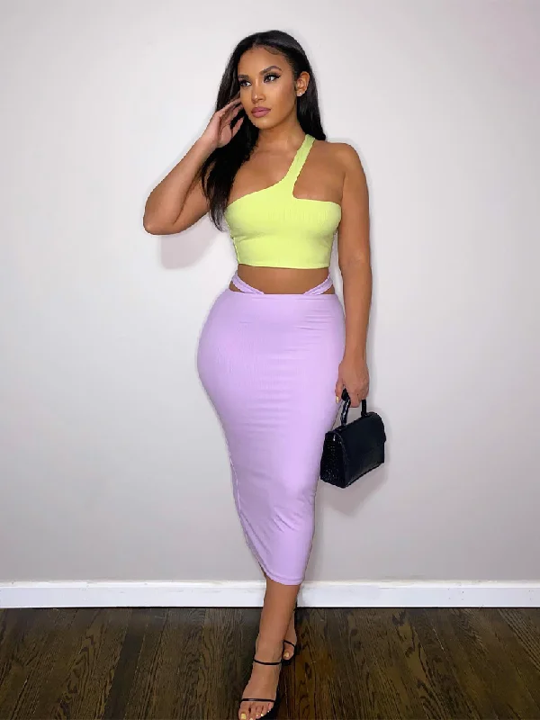 Women One Shoulder Crop Tank Tops Pencil Midi Skirt Two Piece Set Suit tie dye tank