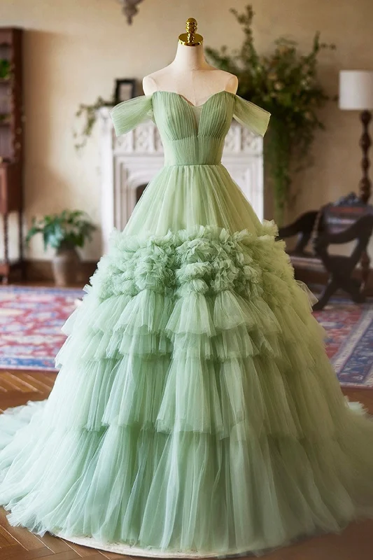 Green Off the Shoulder Tulle Layers Long Formal Dress, Green Evening Party Dress Tunics Ceremony elegant