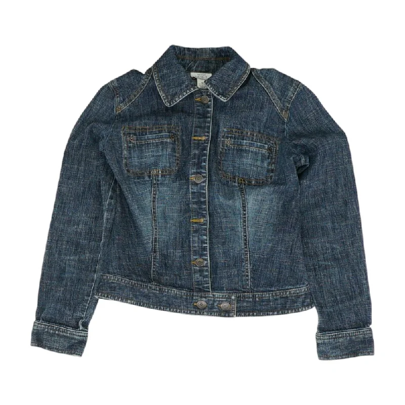 Blue Solid Denim Jacket Tiered Jacket Buttoned Jacket Zippered Jacket