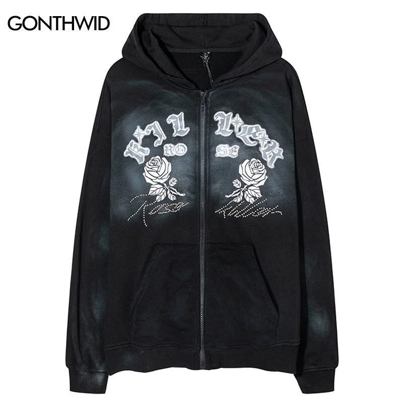 Vintage Hoodie Sweatshirt Coat Y2K Grunge Streetwear Hip Hop Floral Print Punk Gothic Hooded Jacket Harajuku Casual Loose Tops Notch Collar Peter Pan Collar Cowl Neck