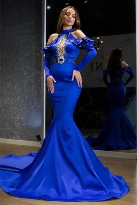 Charming Halter Royal Blue Satin Mermaid Prom Dress Evening Party Dress Off-the-shoulder Chic Trendy