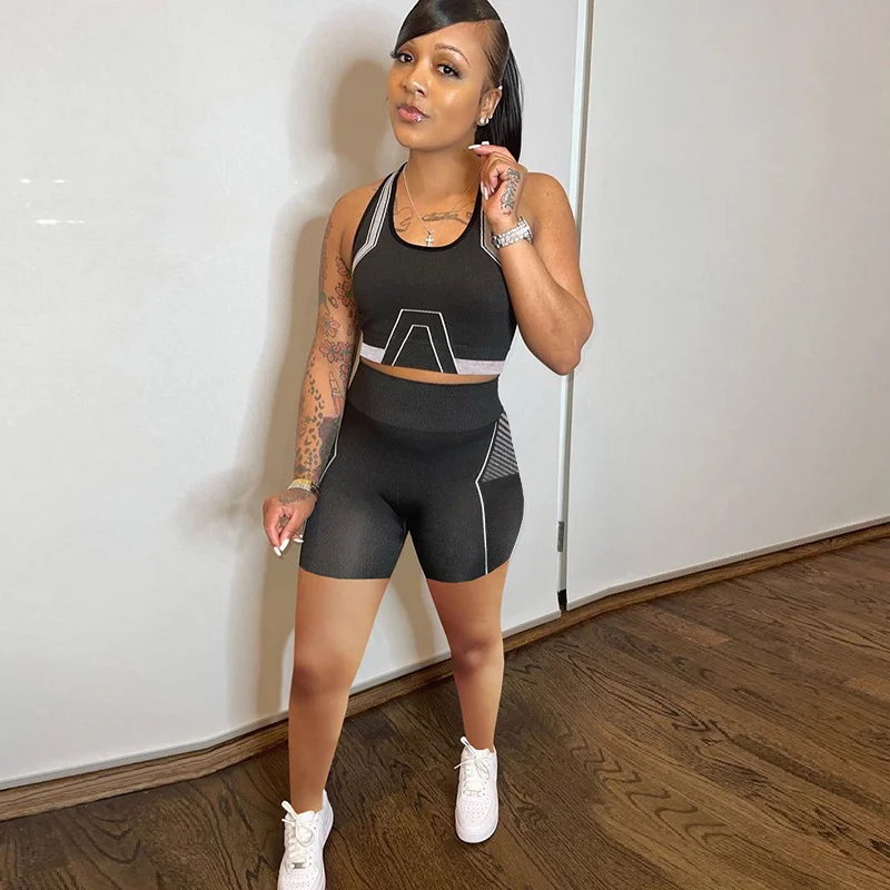 Women'S Fashion Casual Athleisure Printing Cropped Tank Top And Tight Shorts Sports Two-Piece Set lightweight tank top