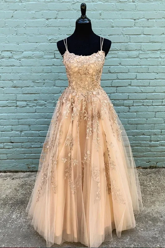 A Line Champagne Lace Long Prom Dresses, Champagne Lace Formal Evening Dresses, Champagne Party Dresses Tunics Brand named
