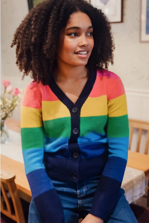 Izzy Cardigan - Multi, Rainbow Stripes Print Jacquard Patchwork