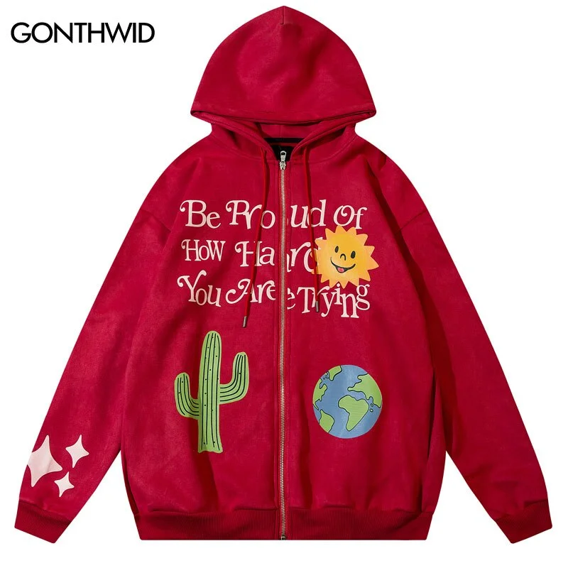 Hip Hop Suede Sweatshirt Hoodie Jacket Y2K Cactus Print Zip Up Hooded Coats Streetwear Harajuku Casual Zipper Jackets Herringbone Jacket Houndstooth Jacket Plaid Jacket