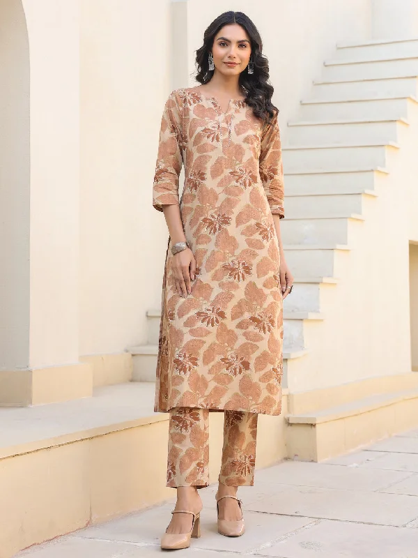 Beige Pure Cotton Floral Printed Straight Kurta Pant Set Stylish Elastic Waist Pants