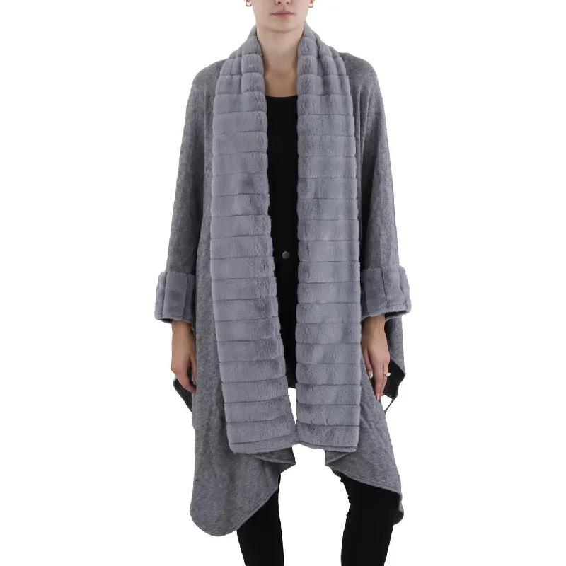 PLM Womens Cape Faux Fur Trim Cardigan Sweater Oversized Loose Flowy