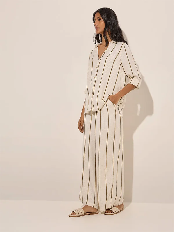LOV Off-White Striped High-Rise Linen-Blend Pants Comfy High-Waist Jeans