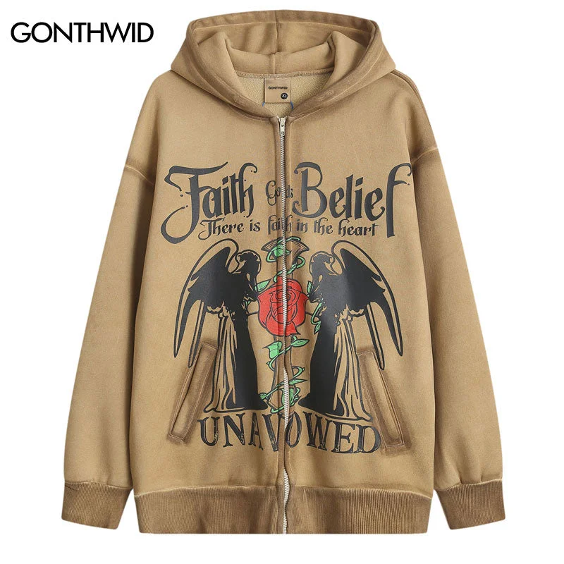 Hip Hop Hoodie Jackets Streetwear Vintage Graphic Print Fleece Hooded Harajuku Punk Gothic Sweatshirt Winter Casual Zipper Coats Wool Fabric Cashmere Fabric Tweed Fabric