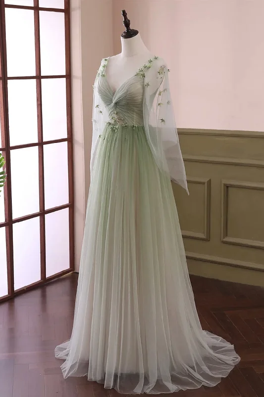 Gradient Tulle Green Long Sleeves Party Dresses, Green Evening Formal Dresses Tunics Canvas sturdy