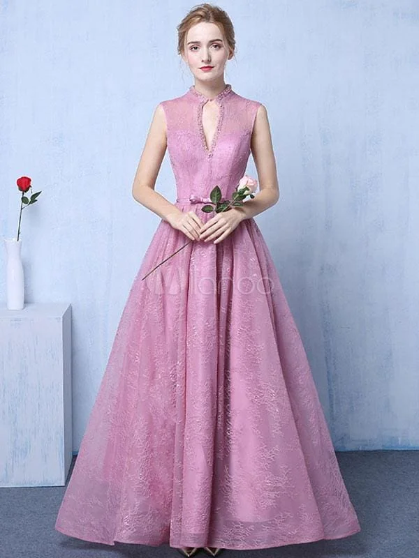 Lace Evening Dress Cameo Pink Party Dress Keyhole A Line Bow Sash Occasion Dress With Train Tunics Custom made