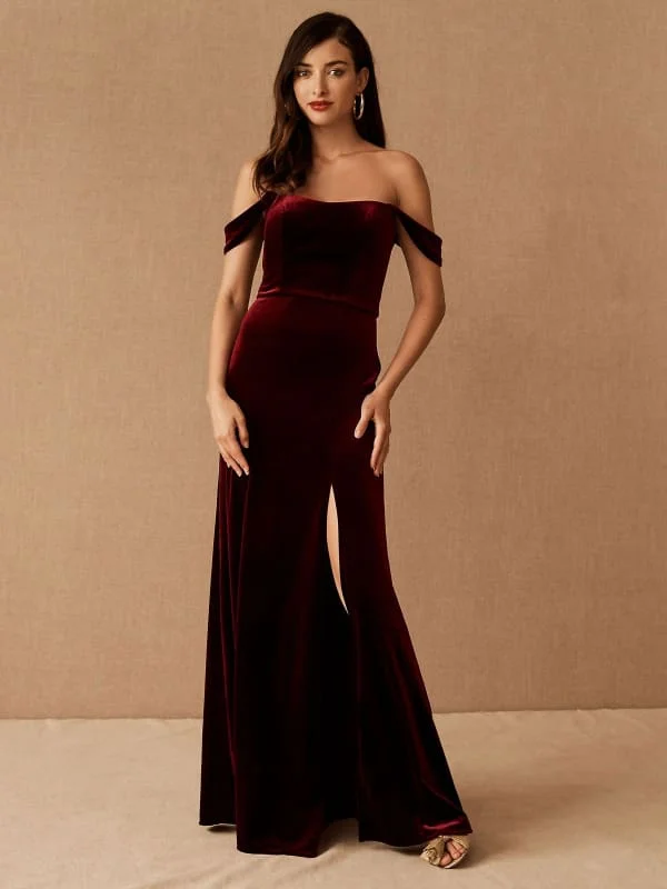 Burgundy Evening Dress A-Line Bateau Neck Short Sleeves Zipper Front Velour Split Floor-Length Formal Party Dresses Tunics Party sparkling