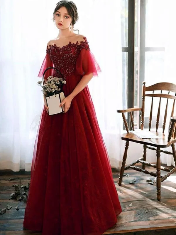 Prom Dress Illusion Neckline A Line Half Sleeves Lace Floor Length Tulle Party Dresses Tunics Solid Classic