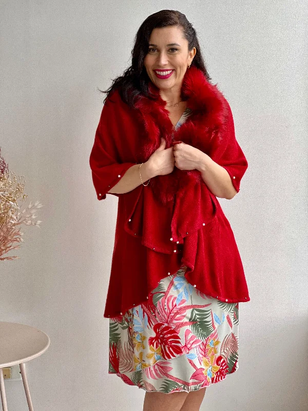 Omnia Red Shawl Cardigan Polka Dot Checkered Tartan