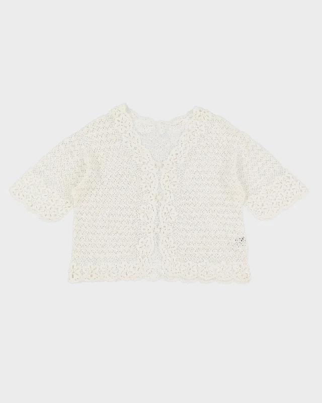 White Hand Crocheted Lace Cardigan - S Zippered Front Buttoned Front Snap Front