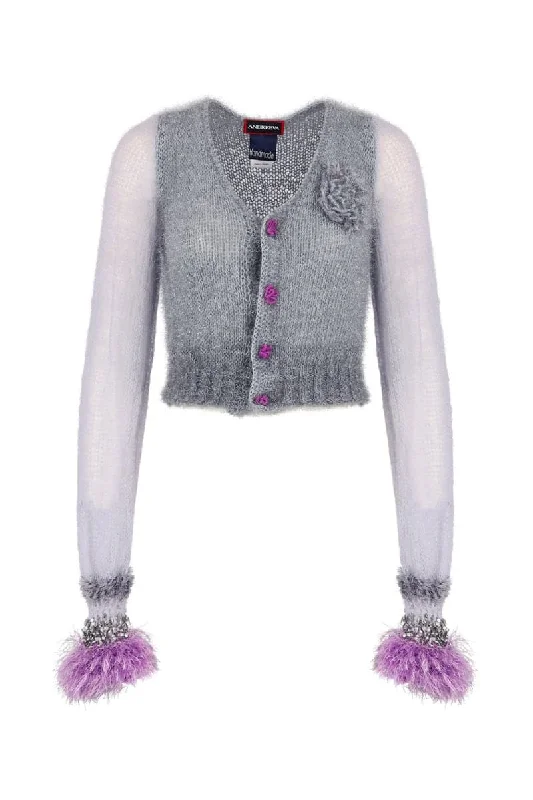 GRAY HANDMADE CASHMERE KNIT CARDIGAN Neon metallic Matte