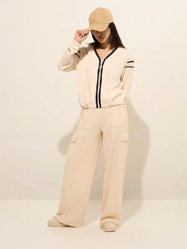 Studiofit Beige Solid High-Rise Cargo Track Pants Casual Plaid Pants