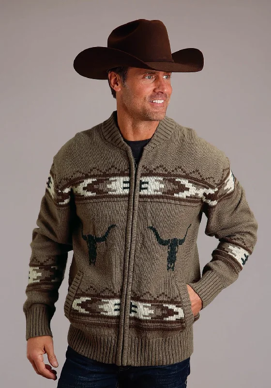 Stetson Mens Long Horn Zip Brown Cotton/Wool L/S Cardigan Sweater Embroidered Appliqued Beaded