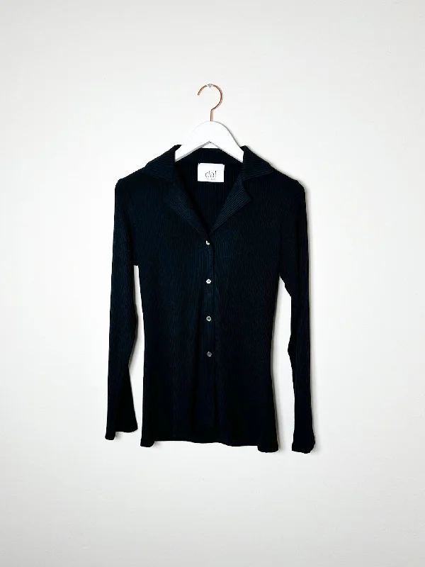 dal the label - Rib Knit Collared Cardigan - Black Anti-Pilling Anti-Shrink Durable