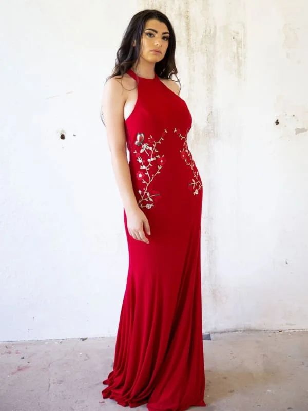 Red Evening Dress Sheath Off The Shoulder Lycra Spandex With Train Embroidered Formal Party Dresses Tunics Lace romantic