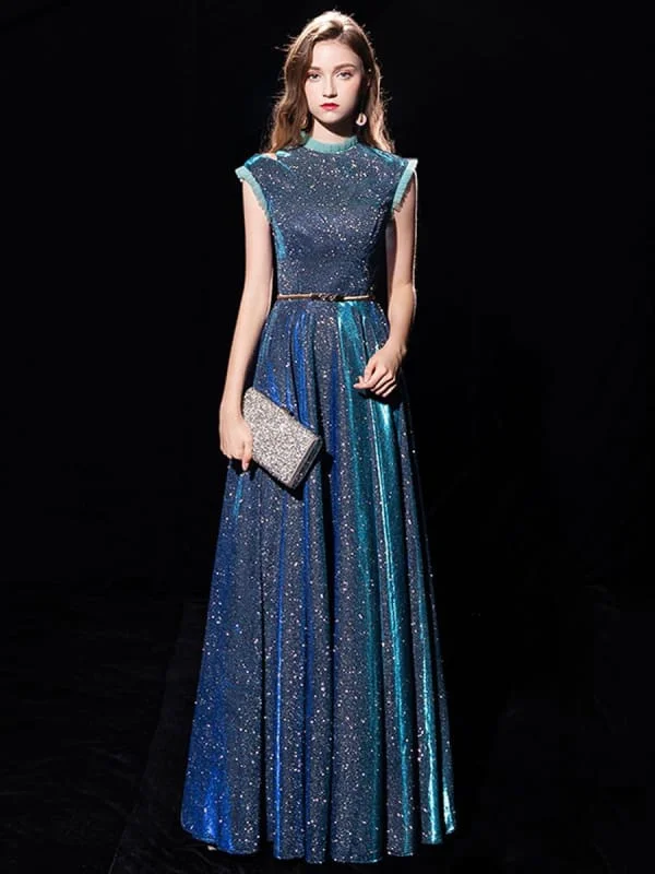 Blue Evening Dress Ball Gown Jewel Neck Sequined Floor-Length Sash Formal Party Dresses Tunics Office stylish