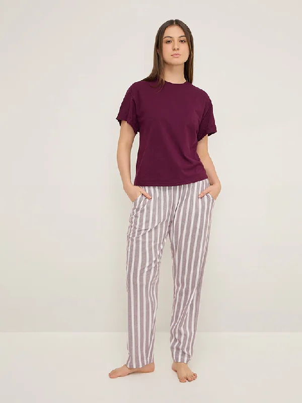 Wunderlove Dark Purple Stripe High-Rise Cotton Lounge Pants Comfortable Maternity Pants