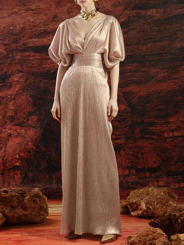 Champagne Evening Dress V Neck Floor Length Short Sleeves Backless Pleated Polyester Formal Party Dresses Tunics Gym athletic