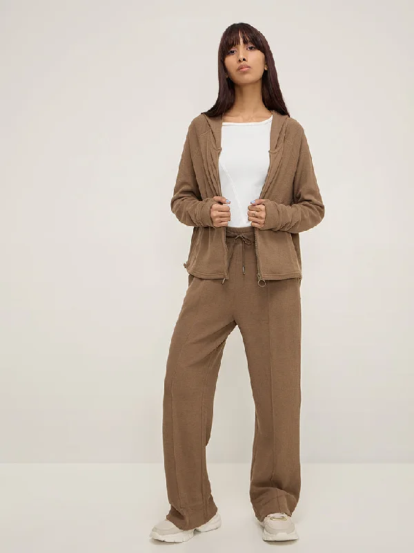 Studiofit Brown Self-Textured High-Rise Cotton-Blend Track Pants Stylish Casual Pants