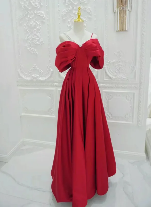 Red Satin A-line Straps Long Evening Dresses, Red Long Party Dresses Peplum Ruffle Cocktail