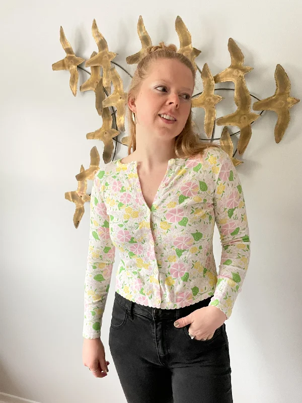 Lily Pulitzer Yellow Pink Floral Scalloped Cotton Cropped Button Up Cardigan - XS/S Spandex Rayon Corduroy
