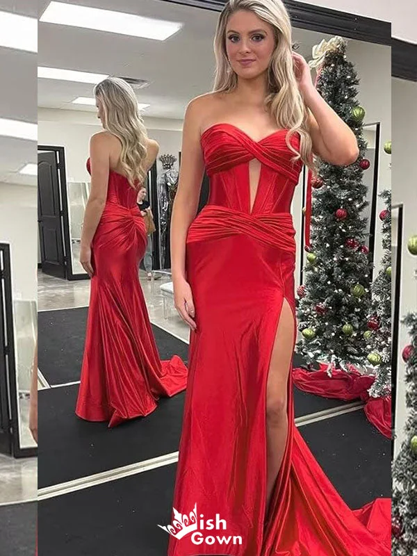 Stylish Red Strapless Side Slit Mermaid Sweetheart Long Party Dress Prom Dresses,WGP997 Tunics stripes playful