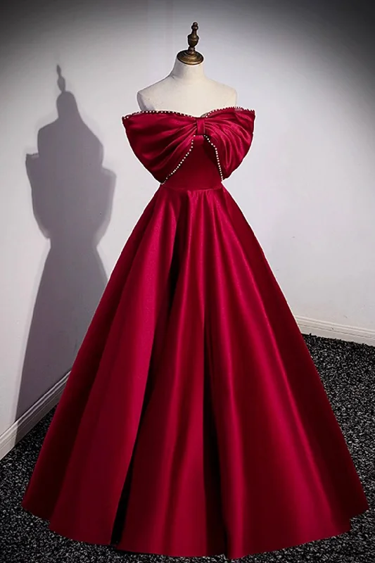 Burgundy Satin Floor Length Prom Dresses, A-Line Off the Shoulder Evening Party Dresses Tunics Silk luxurious