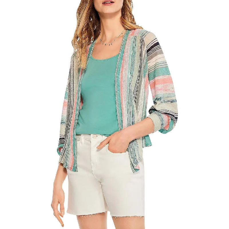 Nic + Zoe Womens Striped Tie Waist Cardigan Sweater Denim Fabric Leather Fabric Suede Fabric