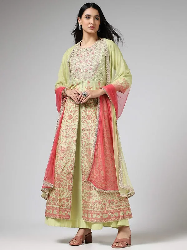 Vark Lime Green Embroidered Long Kurta, Skirt & Dupatta Set silk skirt lustrous