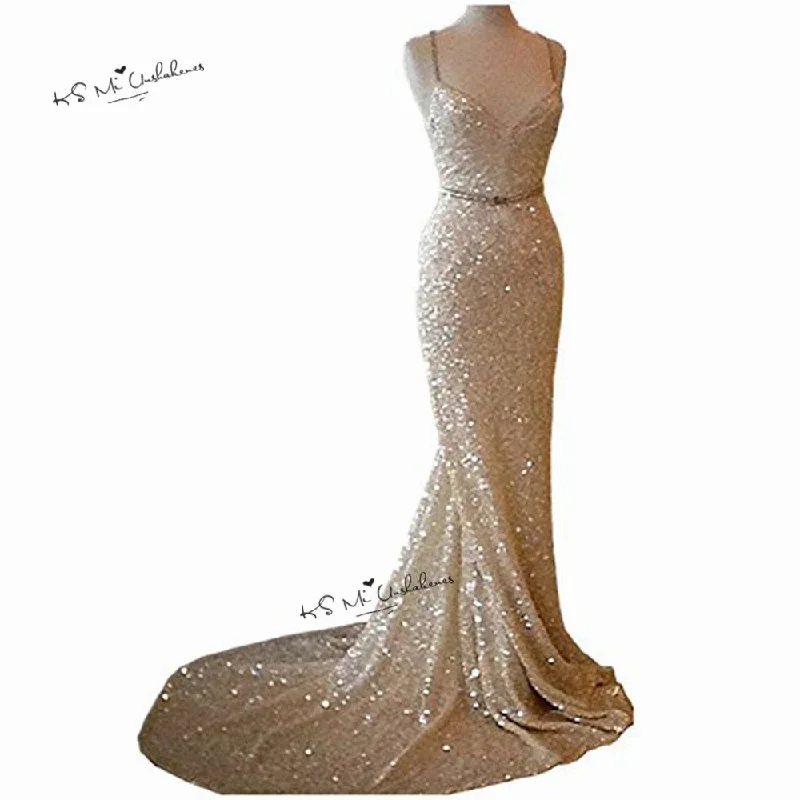 Champagne Gold Sequined Mermaid Evening Dresses Long Sparky Sweep Train Sexy Prom Party Dress Gowns Tunics Short Trendy