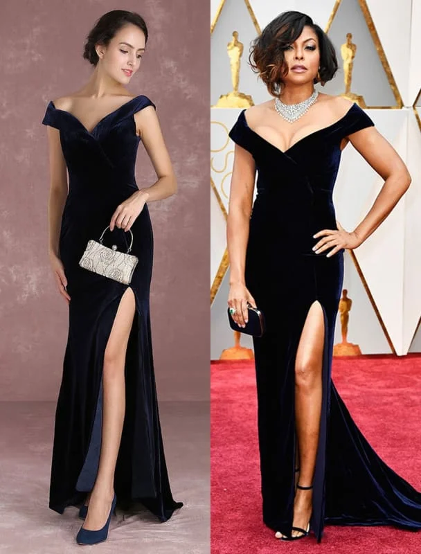 Mermaid Celebrity Dresses Velvet Off The Shoulder Evening Dress Dark Navy Slit Party Dress With Train Inspired By Taraji P. Henson At Oscar Milanoo Tunics Cozy soft