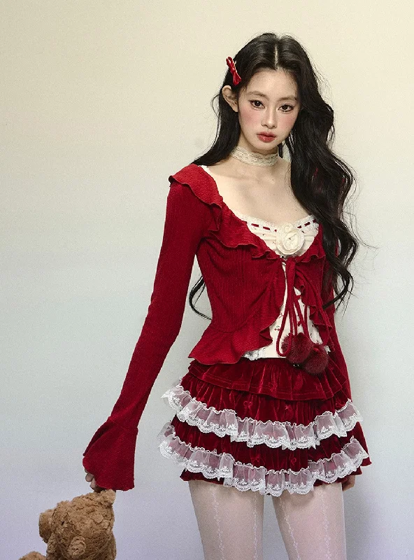Red Velvet Cardigan/Cherry Sweater DIA0335 Patchwork Embroidered Appliqued