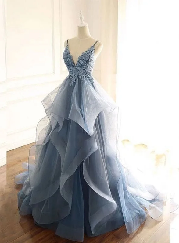 Gorgeous Spaghetti Straps Navy Prom Dress V Neck Ruffles Party Dress Tunics Top Casual