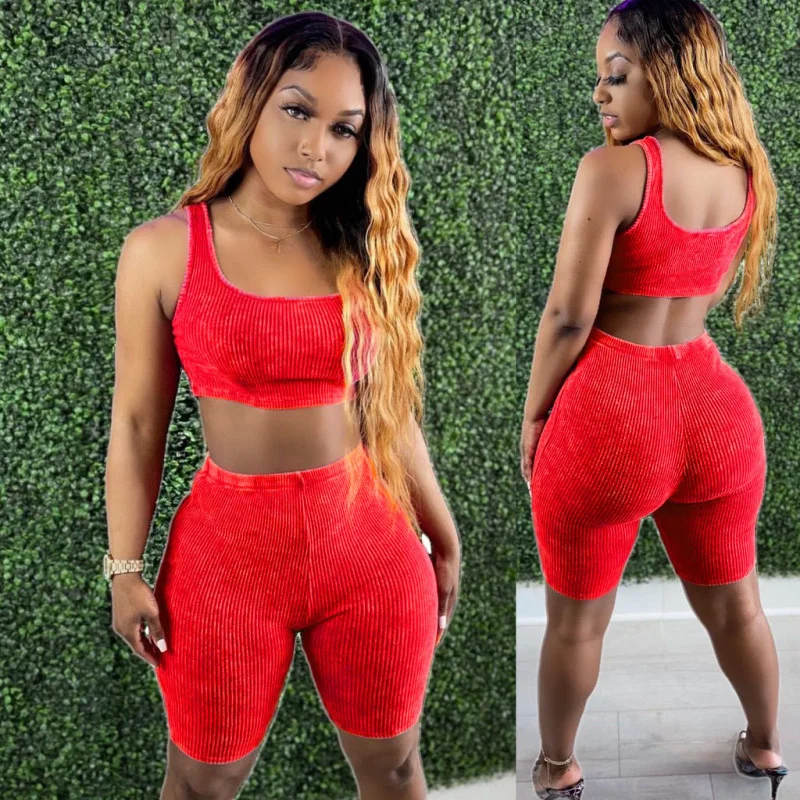 Fashion Women Athleisure Solid Color Rib-Knit Tank Top Shorts Casual Fashion Sports Set halter tank top