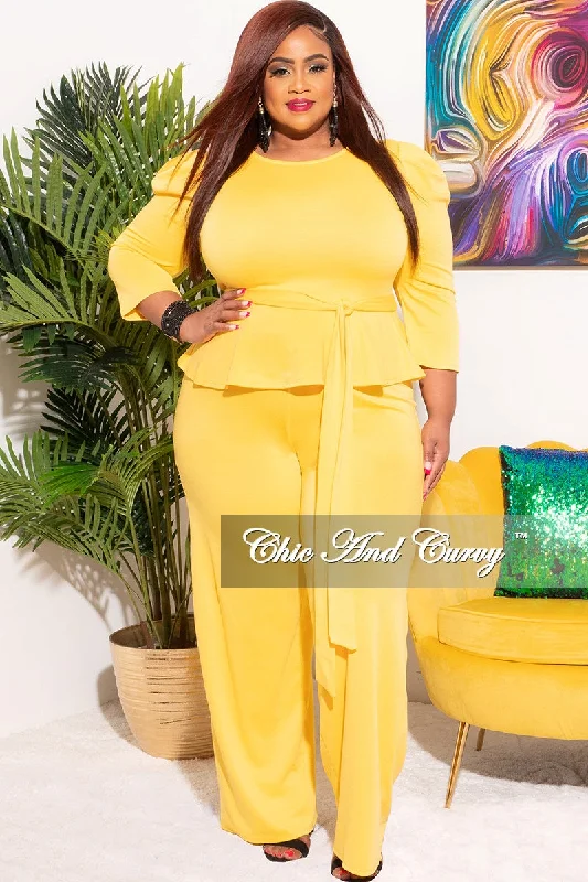 Final Sale Plus Size 2pc Set Peplum Top & Pants in Yellow Soft Wool Pants