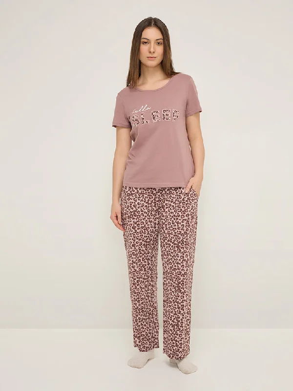 Wunderlove Brown Animal Print High-Rise Cotton Lounge Pants Classic Bootcut Trousers