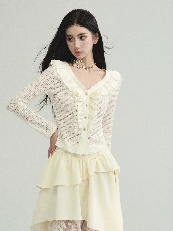 Slim Flared Sleeves Knitted Cardigan FRA0194 Chenille Fabric Brocade Fabric Lace Fabric