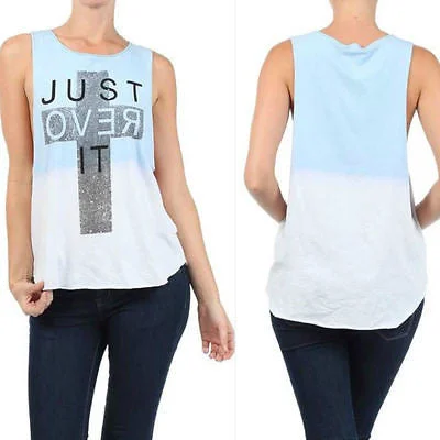 Tank Top Just Over It Hi Low Hem Faded Rhinestone Studs Cross Words high neck tank