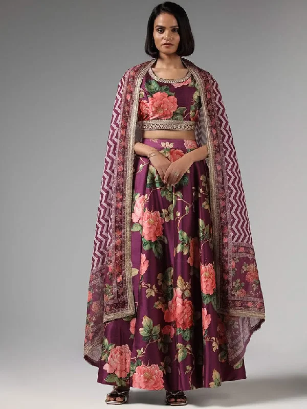Vark Purple Floral Printed Choli, Skirt & Dupatta Set ruffled skirt detail