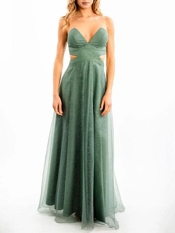 Green Evening Dress A Line V Neck Sleeveless Backless Tulle Cut Out Floor Length Social Party Dresses Tunics Denim casual